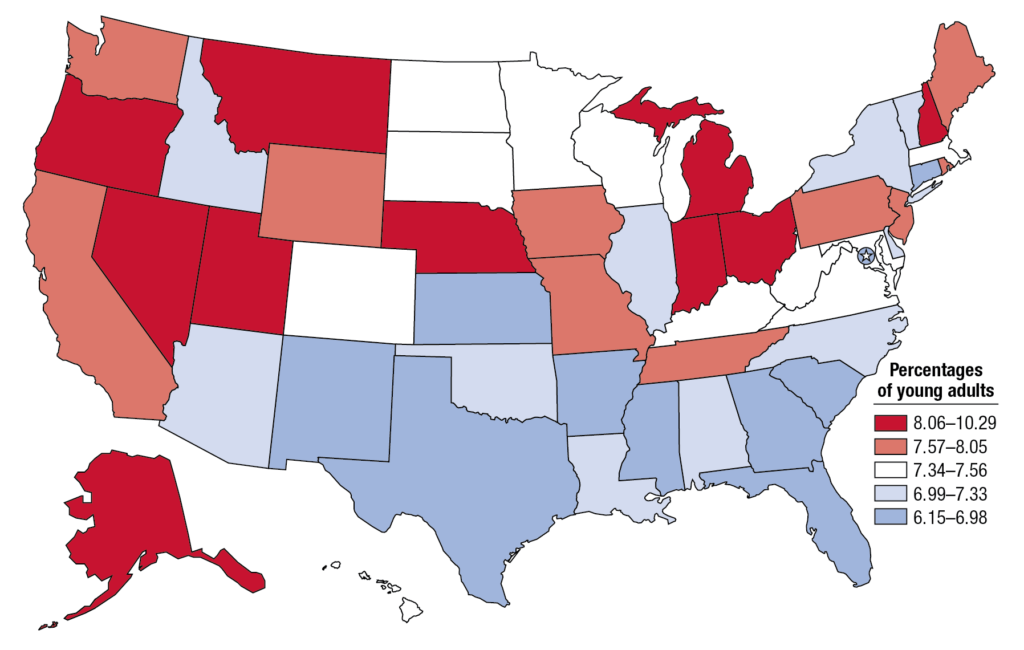 This map showcases serious thoughts of suicide in the past year among young adults aged 18 to 25, by state: annual averages, 2013–2014. (Source: SAMHSA, Center for Behavioral Health Statistics and Quality, National Surveys on Drug Use and Health-NSDUHs), 2013 and 2014.