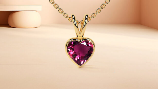 heart-shaped pink tourmaline solitaire pendant in yellow gold